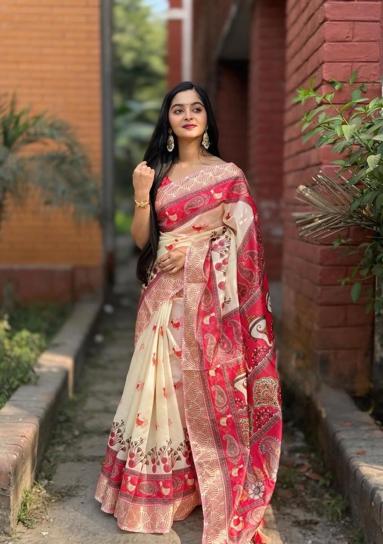 Cream Printed Linen Saree Set - Indya