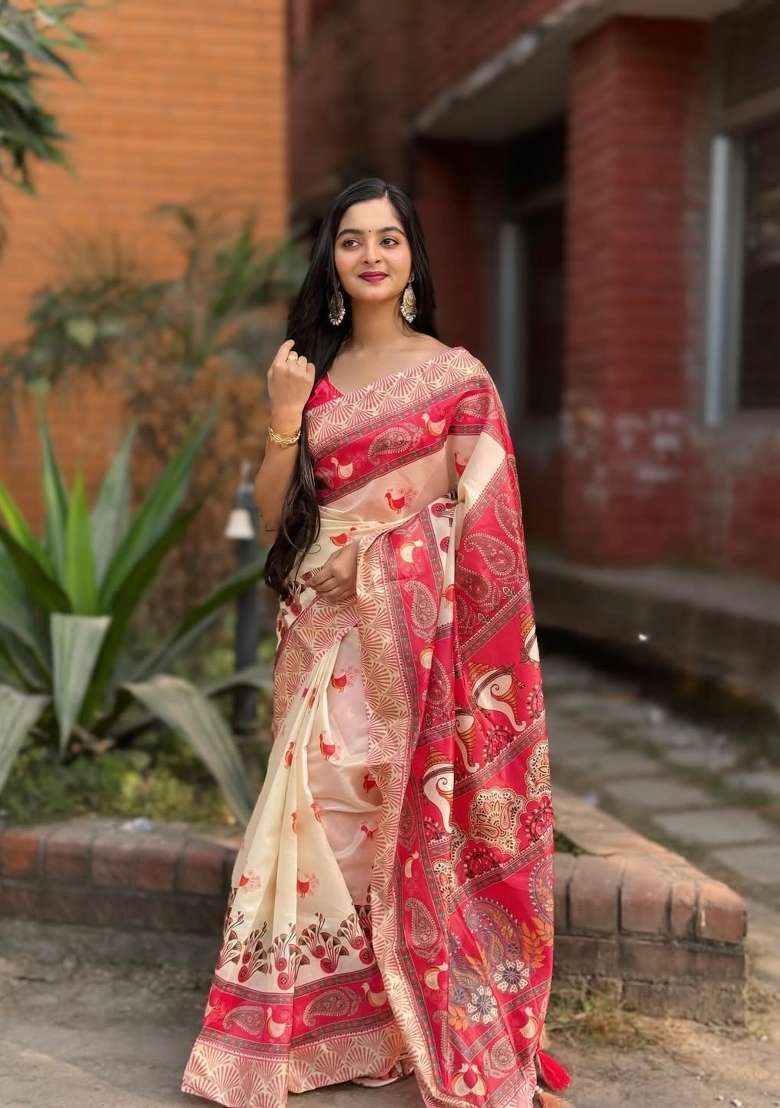 Cream Linen Saree Set with Printed for Diwali | Wedding & Festive Wear - Indya