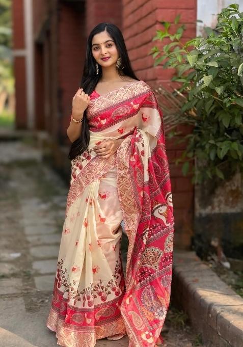 Cream Printed Linen Saree Set