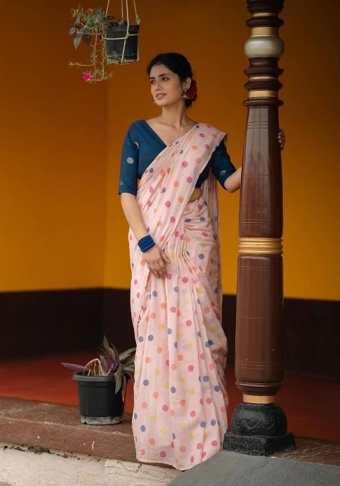 Light Pink Printed Linen Saree Set
