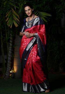 Red Jacquard Silk Blend Saree Set