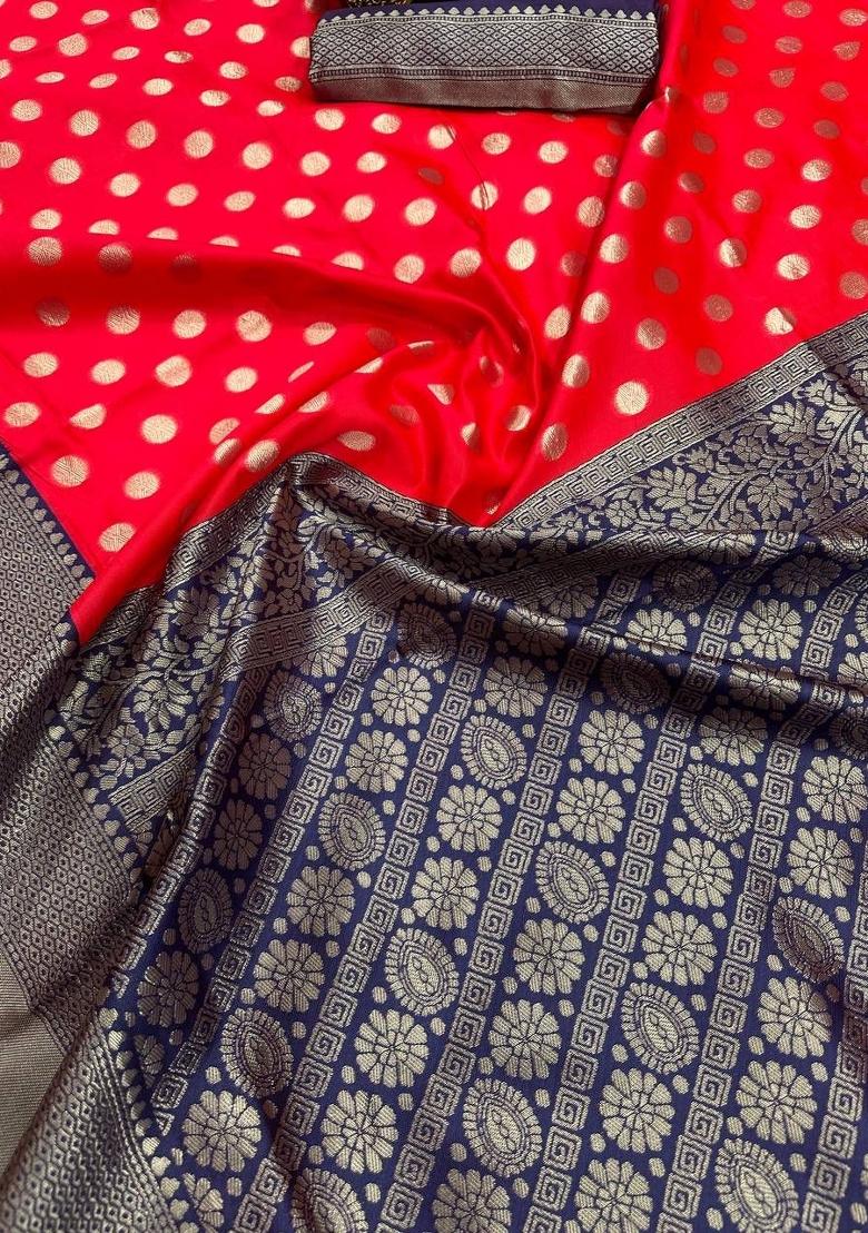 Red Jacquard Silk Blend Saree Set - Indya