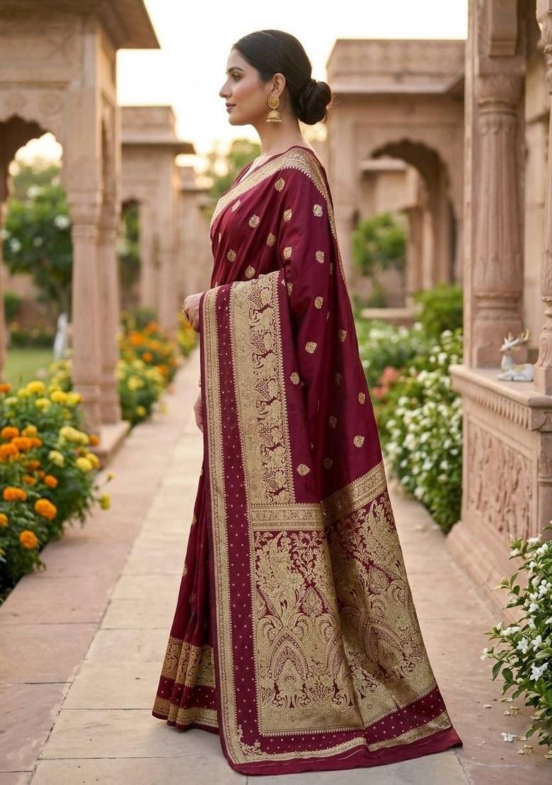 Maroon Zari Work Banarasi Saree Set - Indya