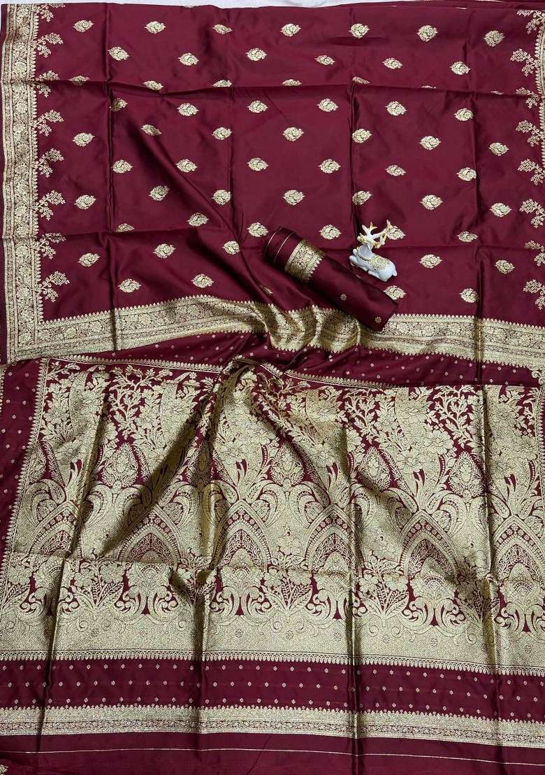 Maroon Banarasi Saree Set with Zari Work for Diwali | Wedding & Festive Wear - Indya
