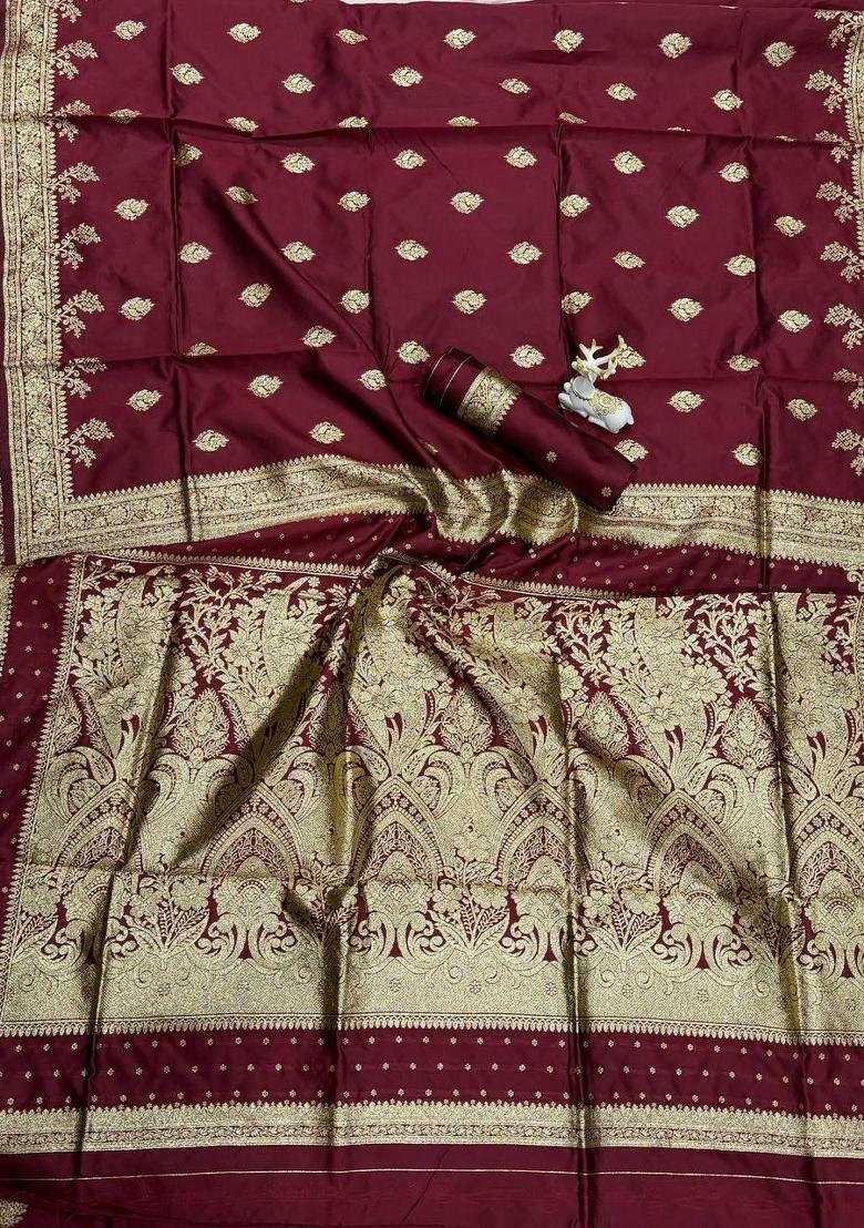 Maroon Zari Work Banarasi Saree Set - Indya