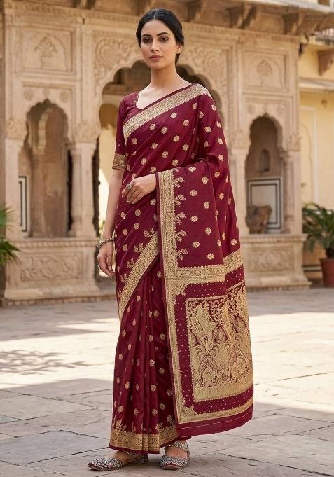 Maroon Zari Work Banarasi Saree Set
