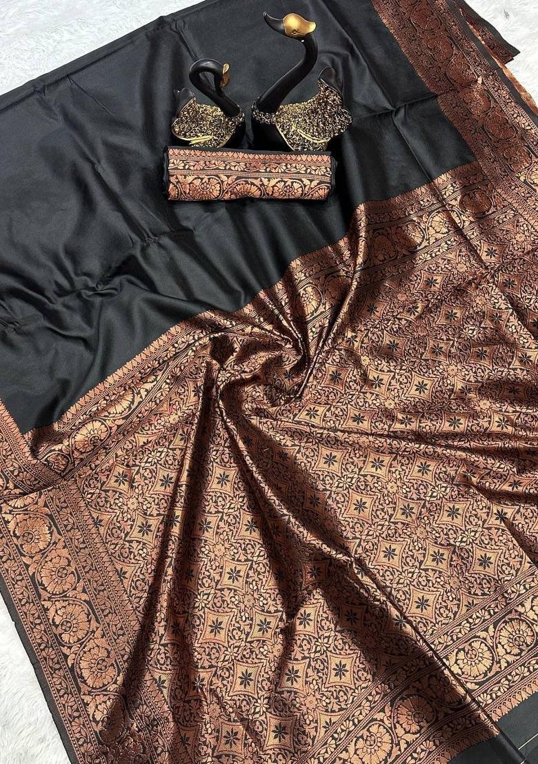 Black Zari Work Silk Blend Saree Set - Indya
