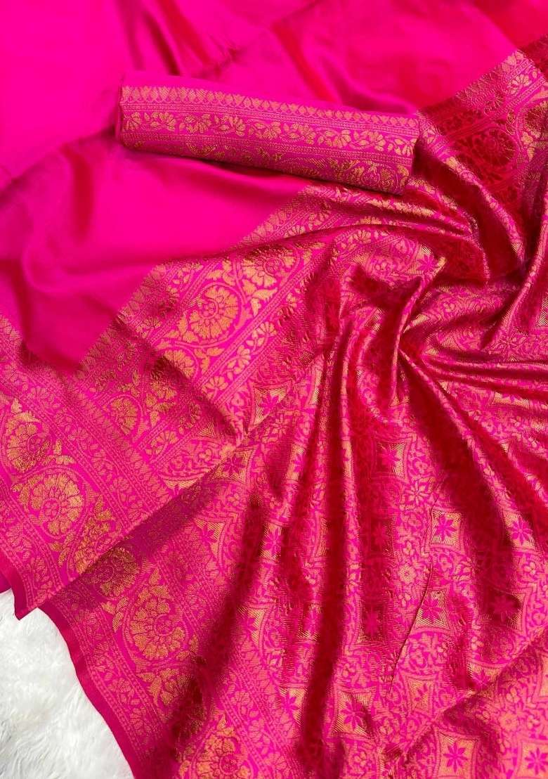 Pink Zari Work Silk Blend Saree Set for Diwali and Festive Wear - Indya