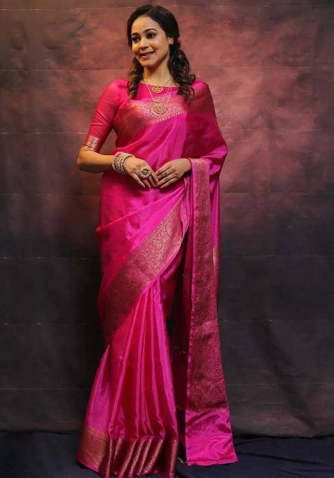 Pink Zari Work Silk Saree Set