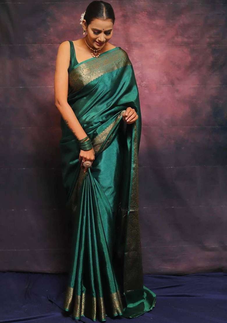 Green Zari Work Silk Blend Saree Set for Diwali and Festive Wear - Indya