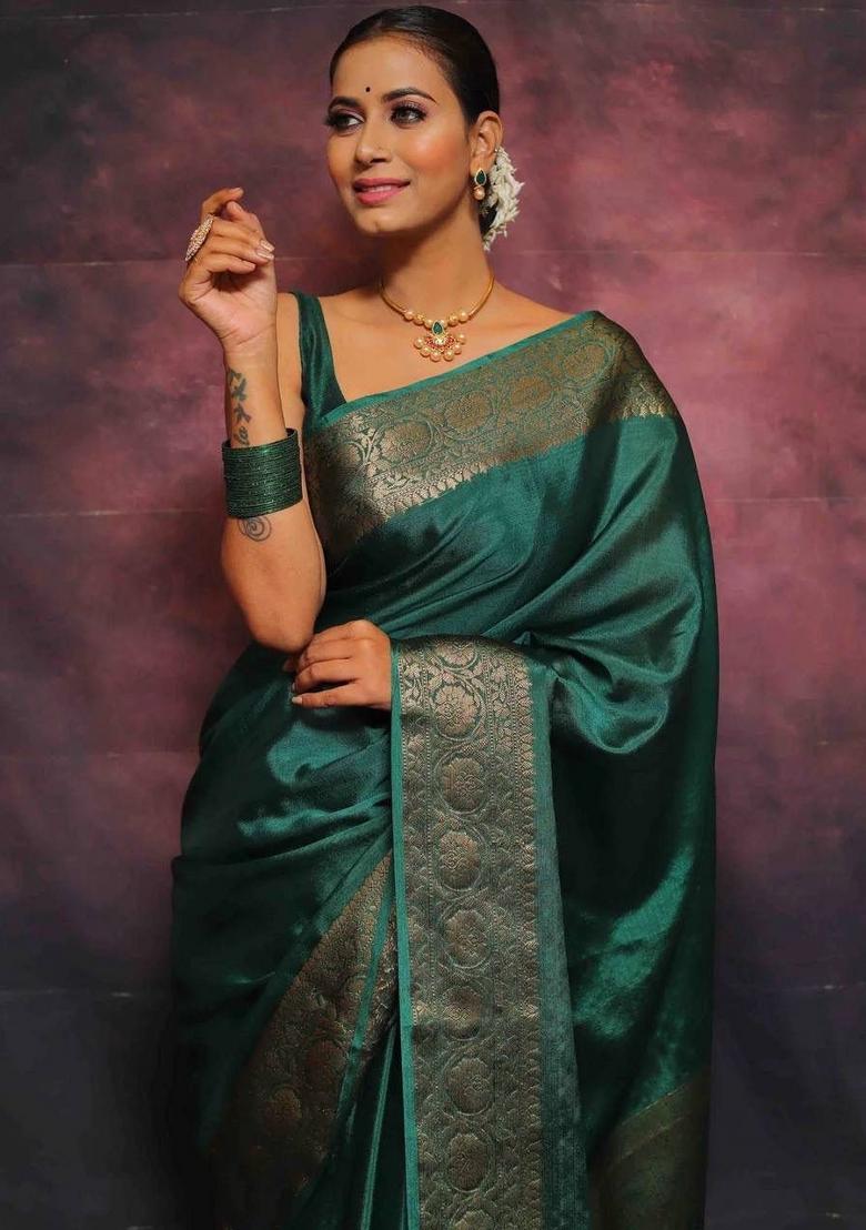 Green Zari Work Silk Blend Saree Set - Indya
