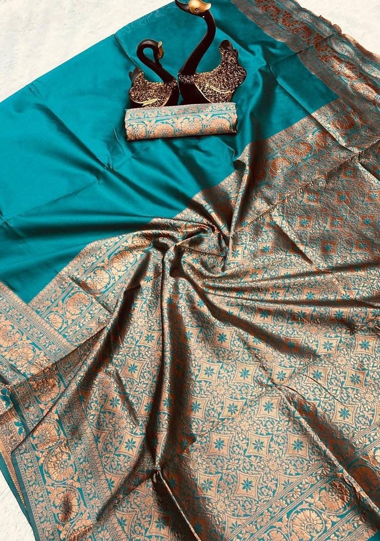 Green Zari Work Silk Blend Saree Set - Indya