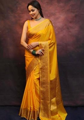 Yellow Zari Work Silk Blend Saree Set