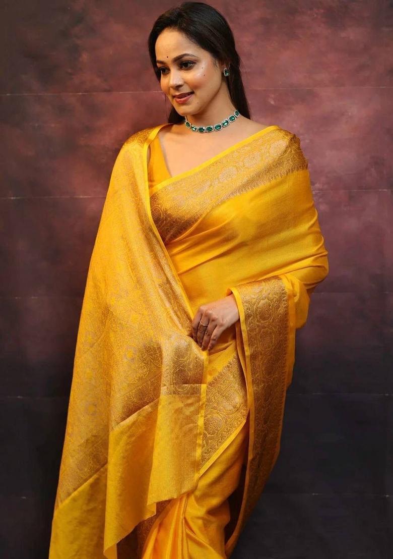 Yellow Zari Work Silk Blend Saree Set - Indya