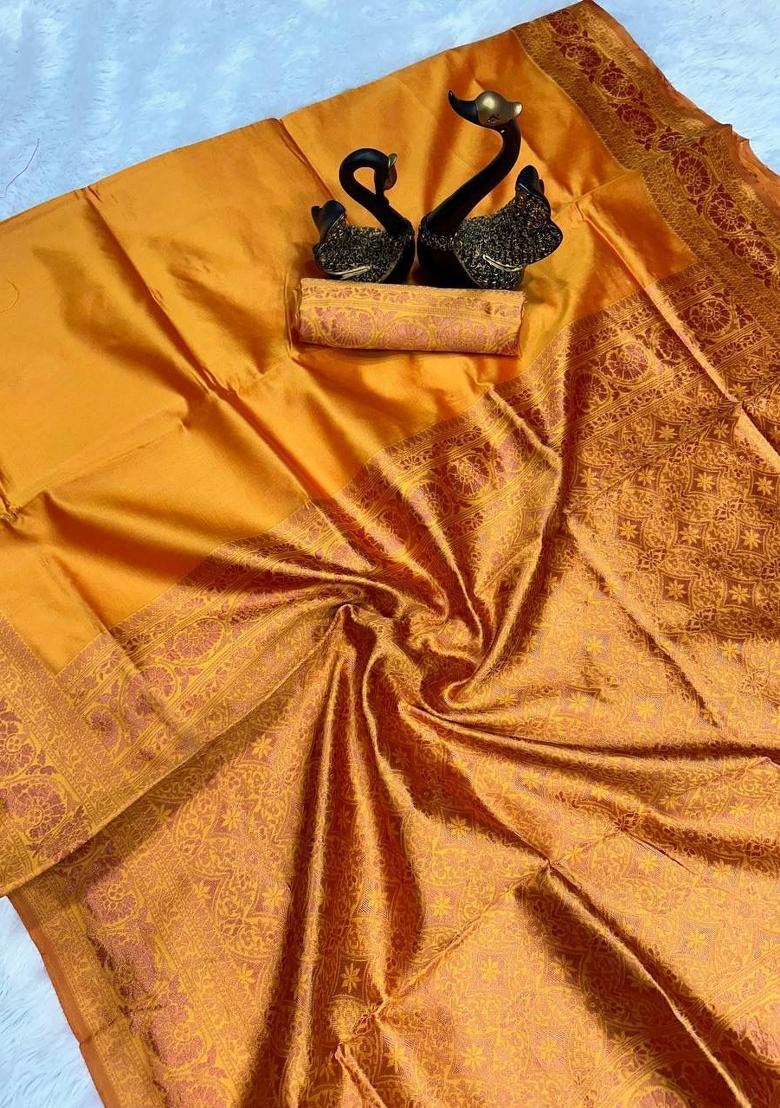 Yellow Zari Work Silk Blend Saree Set - Indya