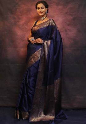 Navy Blue Zari Work Silk Blend Saree Set