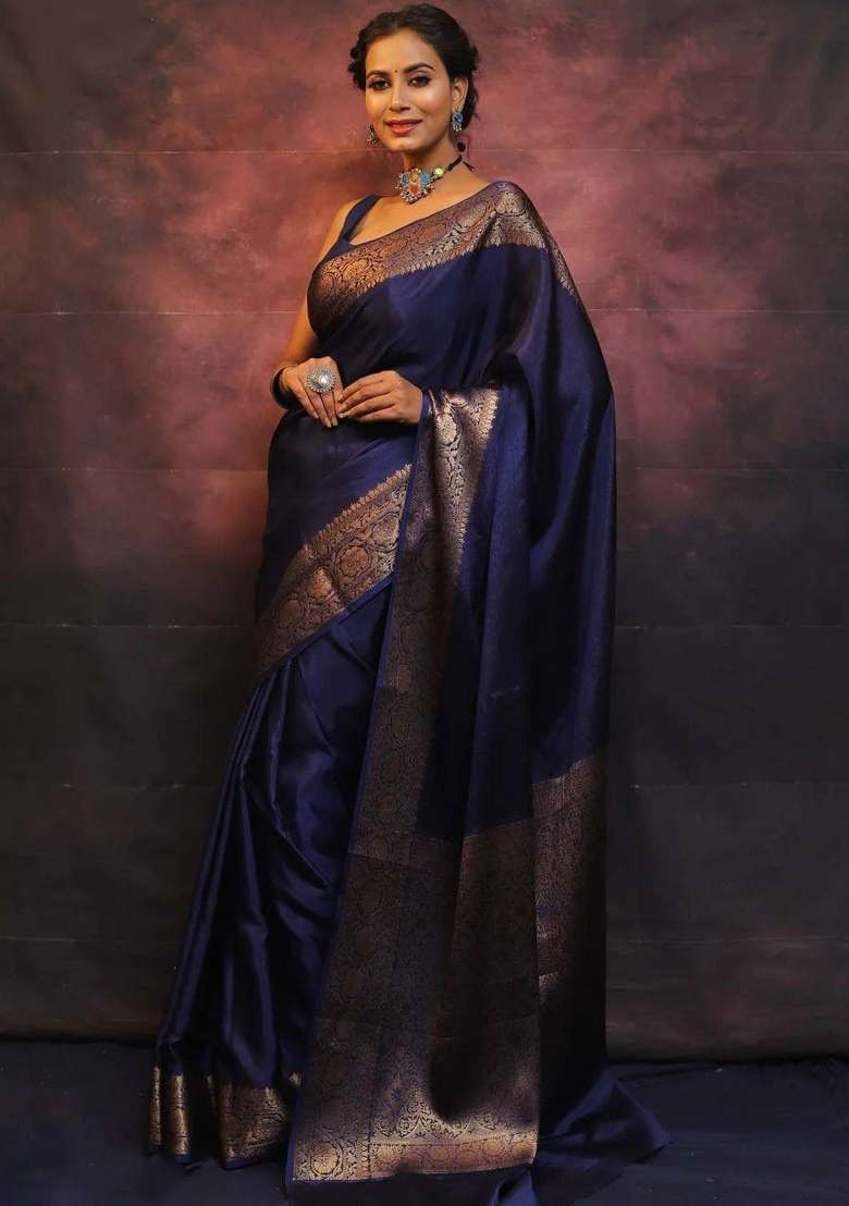 Navy Blue Zari Work Silk Blend Saree Set for Diwali and Festive Wear - Indya