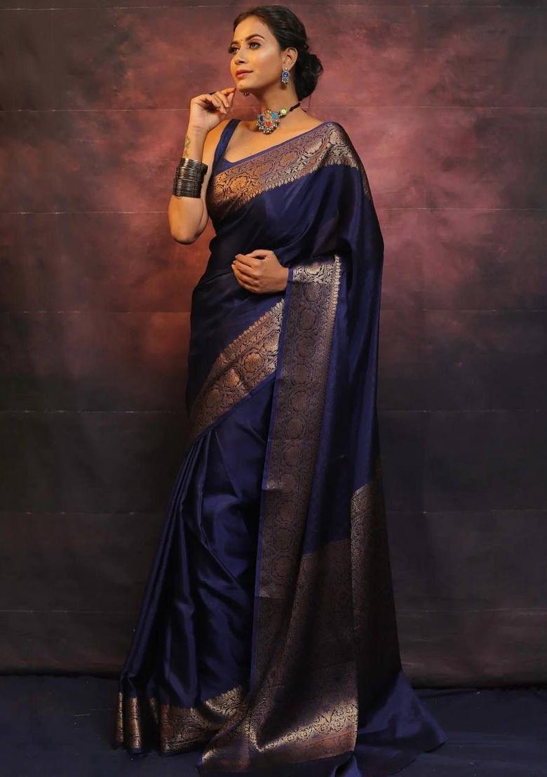 Navy Blue Zari Work Silk Blend Saree Set - Indya
