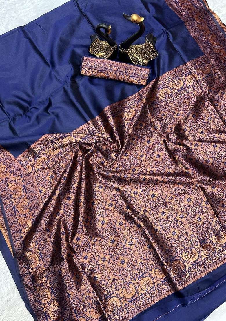 Navy Blue Zari Work Silk Blend Saree Set for Diwali and Festive Wear - Indya