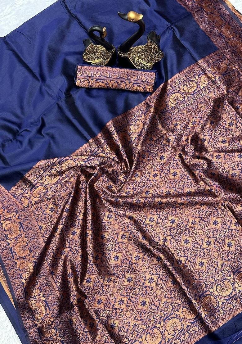 Navy Blue Zari Work Silk Blend Saree Set - Indya