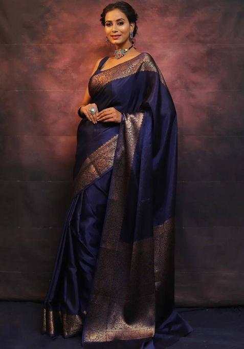 Navy Blue Zari Work Silk Blend Saree Set