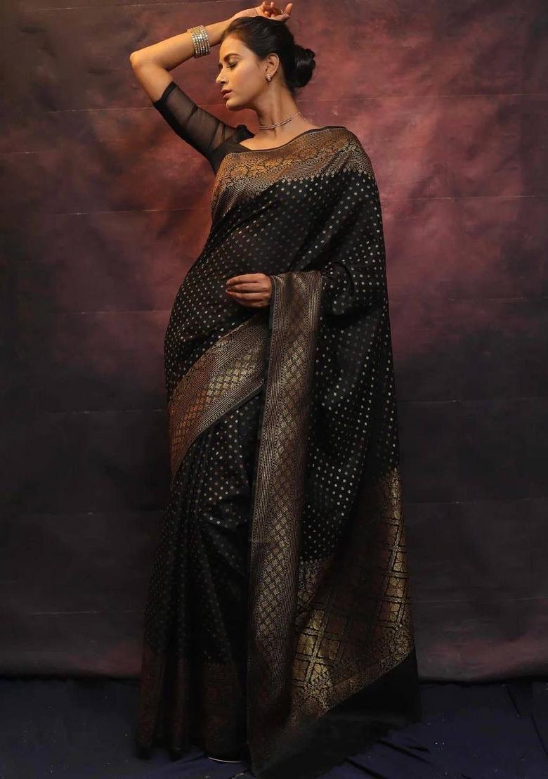 Black Zari Work Silk Blend Saree Set - Indya