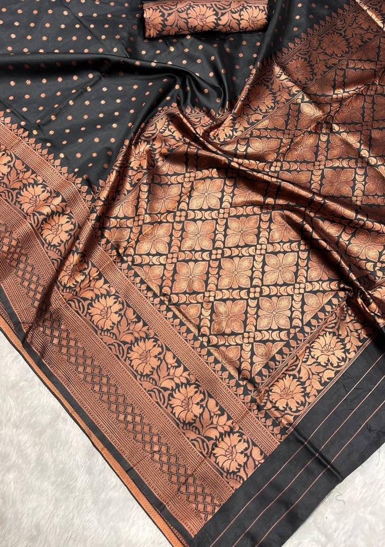 Black Zari Work Silk Blend Saree Set - Indya