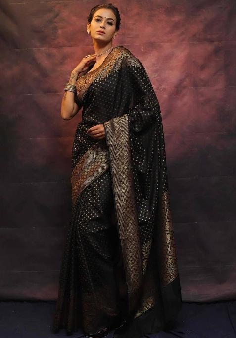 Black Zari Work Silk Blend Saree Set