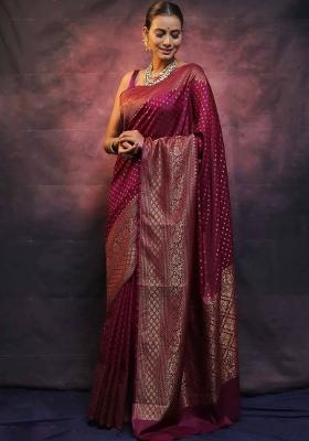 Magenta Zari Work Silk Blend Saree Set