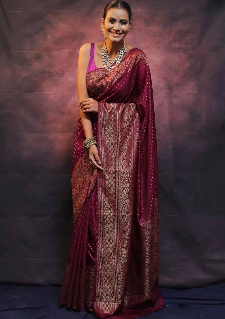 Magenta Zari Work Silk Blend Saree Set - Indya