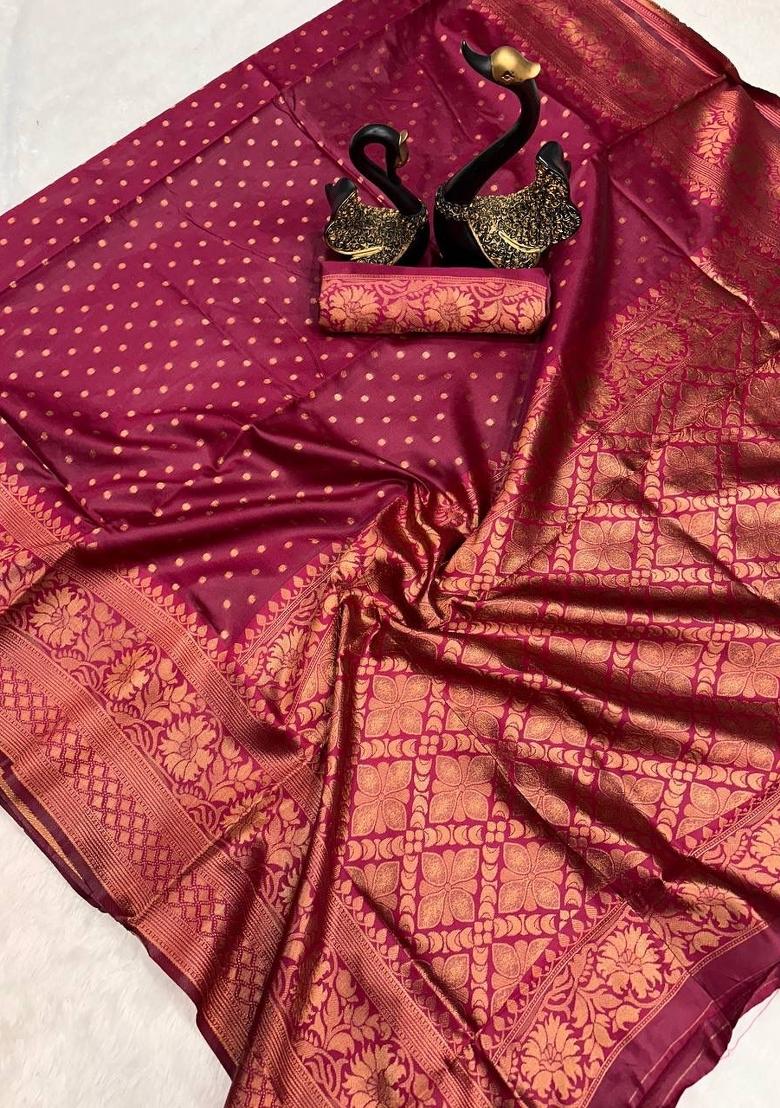 Magenta Zari Work Silk Blend Saree Set - Indya