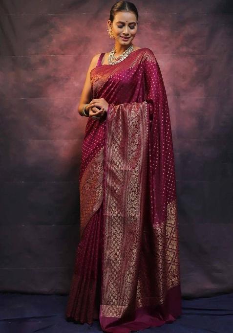 Magenta Zari Work Silk Blend Saree Set