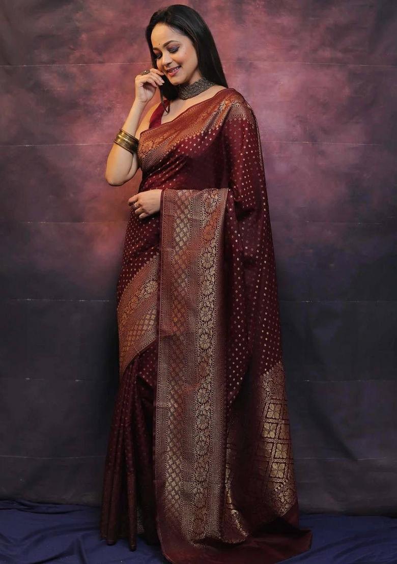 Maroon Zari Work Silk Blend Saree Set - Indya