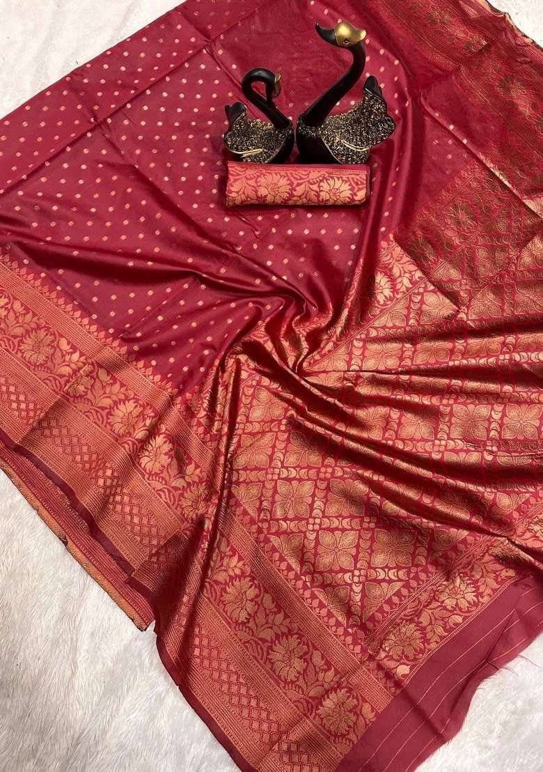 Maroon Zari Work Silk Blend Saree Set for Diwali and Festive Wear - Indya