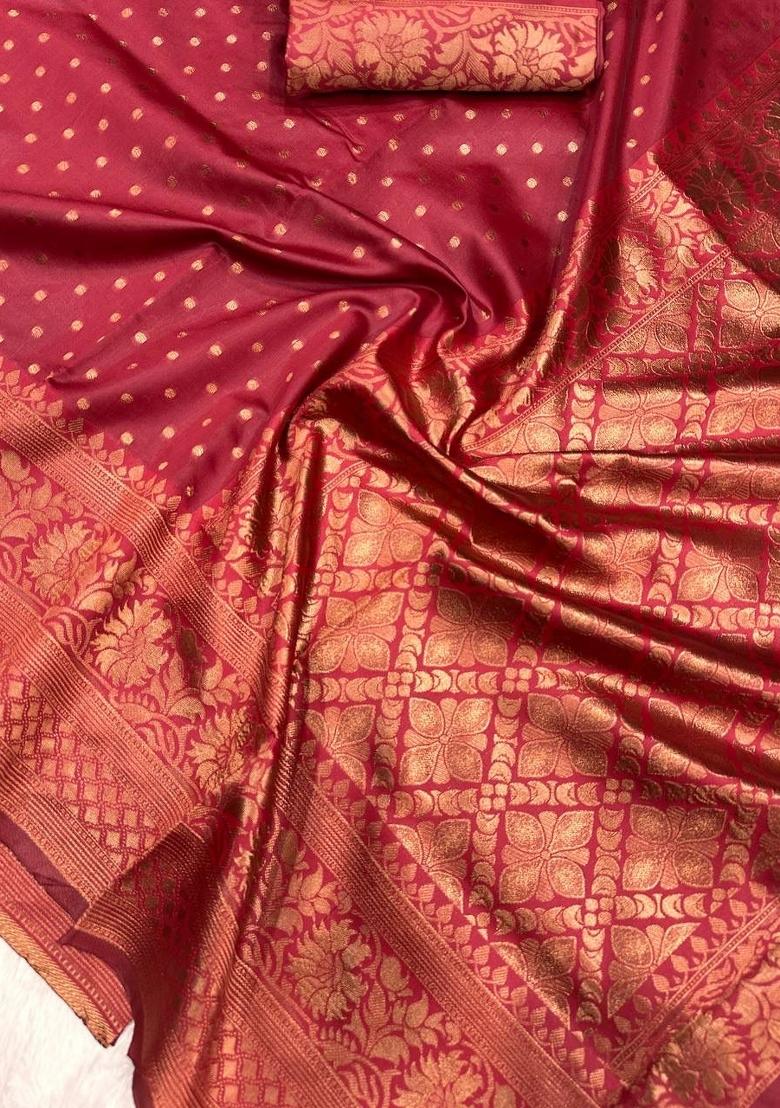 Maroon Zari Work Silk Blend Saree Set - Indya