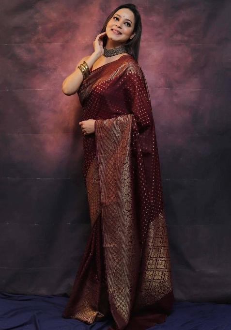Maroon Zari Work Silk Blend Saree Set