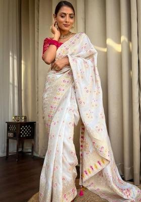 White Zari Work Silk Blend Saree Set