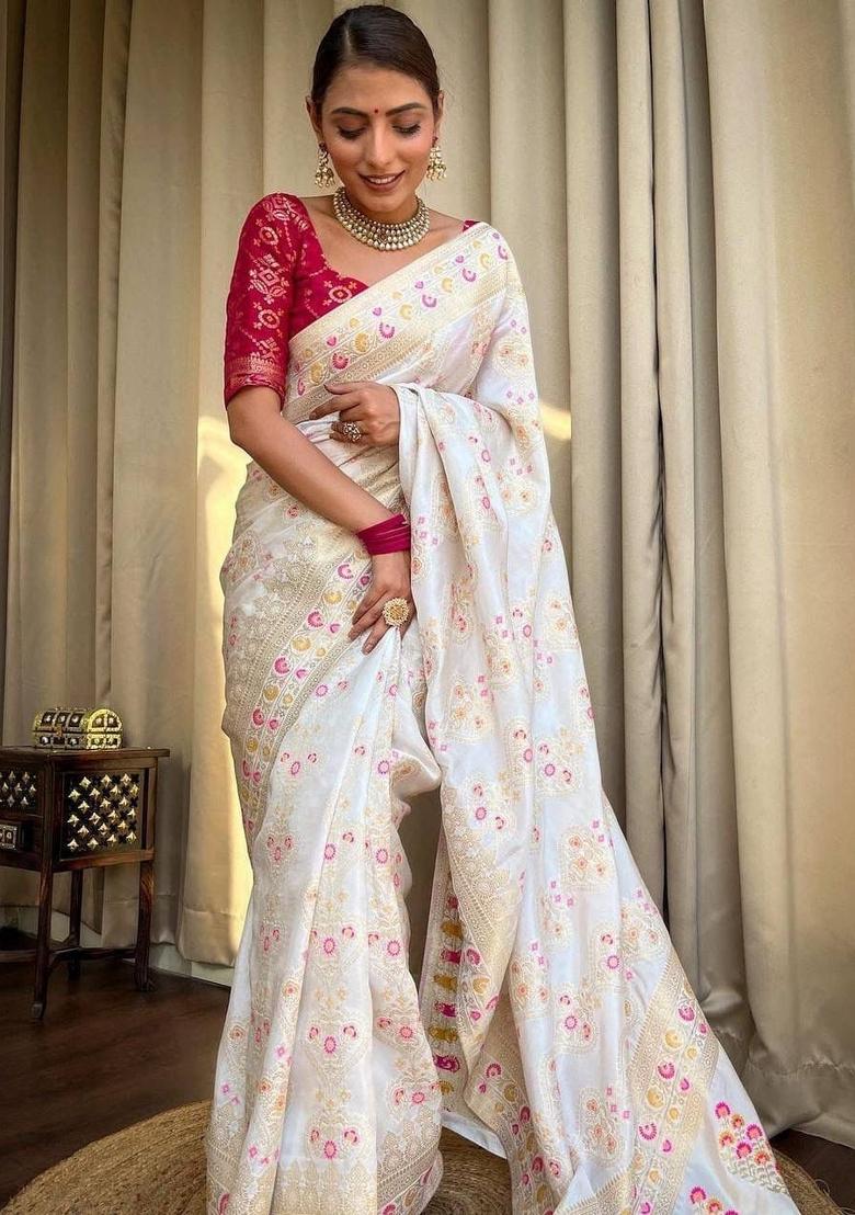 White Zari Work Silk Blend Saree Set - Indya