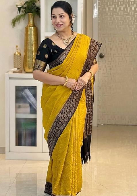 Mustard Jacquard Silk Saree Set
