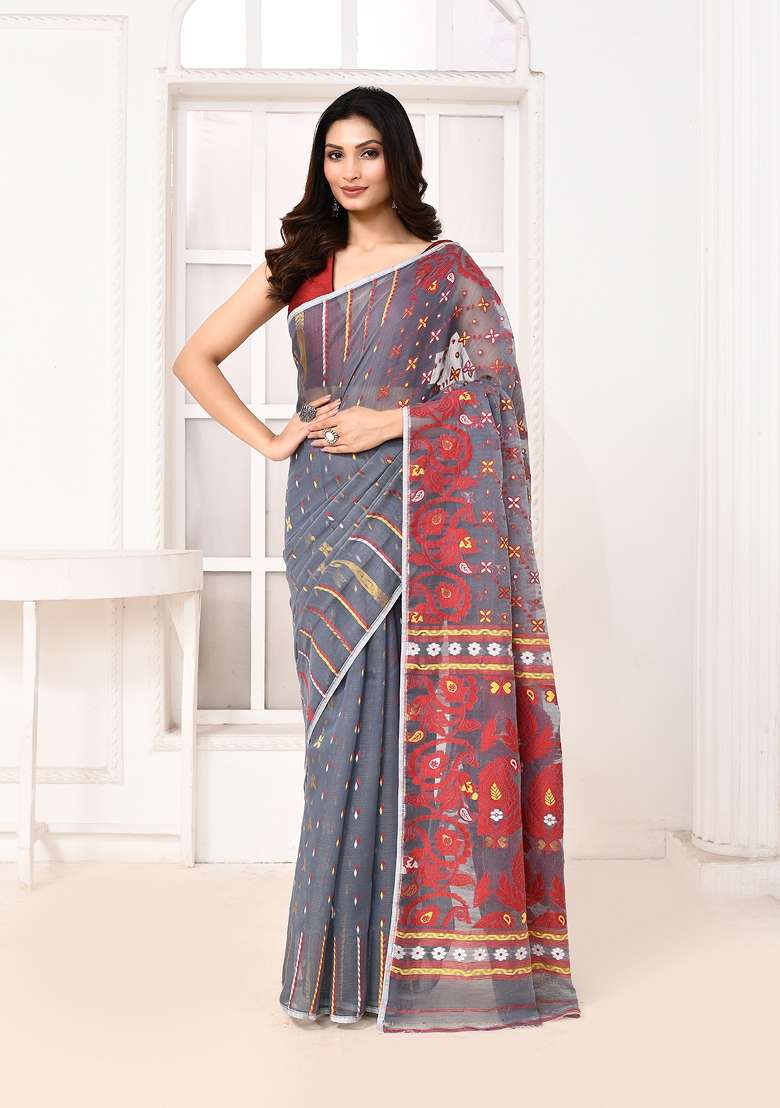 Grey Jamdani Cotton Saree Set - Indya