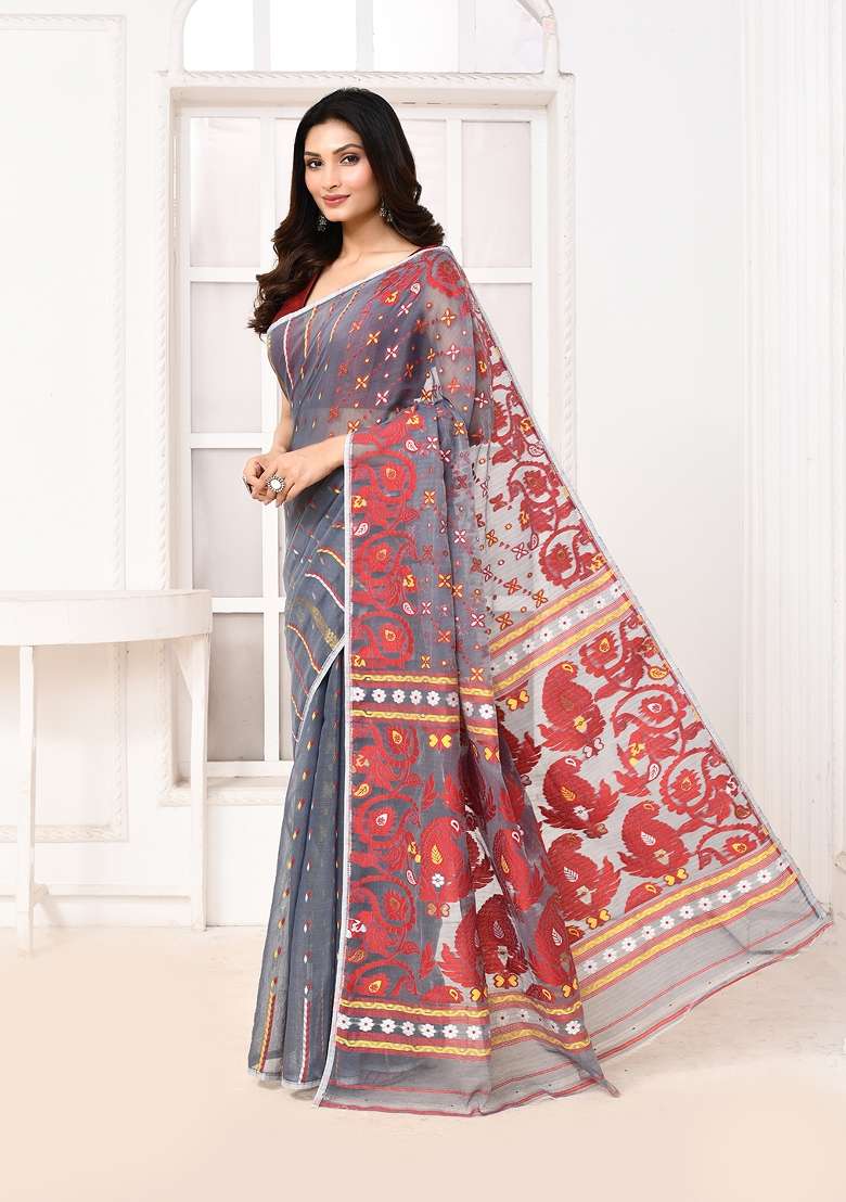Grey Jamdani Cotton Saree Set - Indya