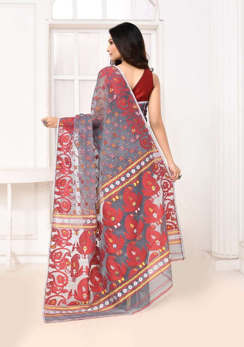 Grey Jamdani Cotton Saree Set - Indya