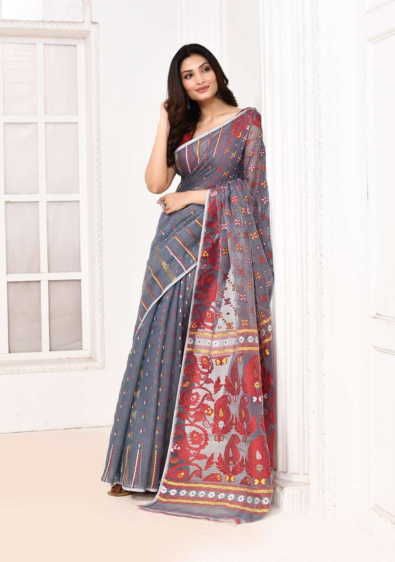 Grey Jamdani Cotton Saree Set - Indya