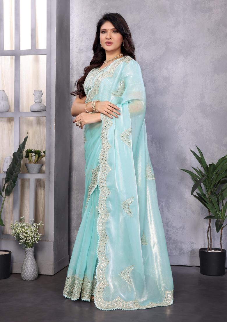 Sky Blue Embroidered Chiffon Saree Set - Indya