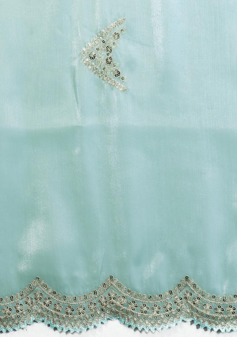 Sky Blue Embroidered Chiffon Saree Set - Indya
