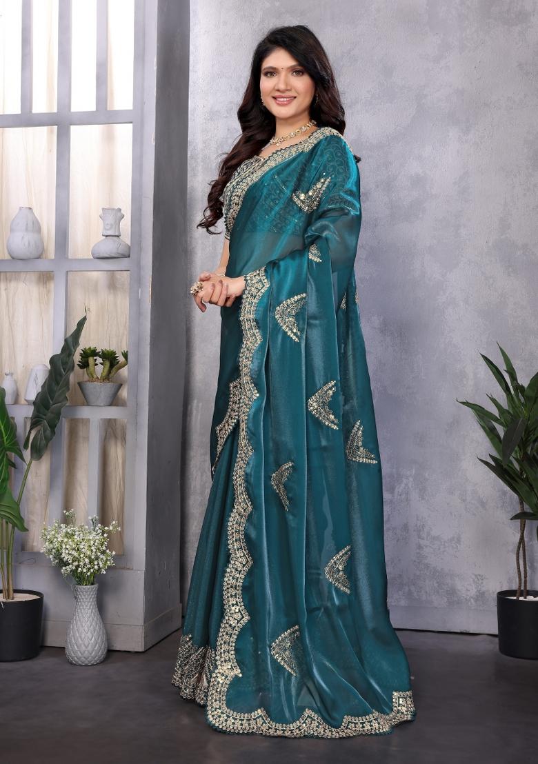 Turquoise Embroidered Chiffon Saree Set - Indya