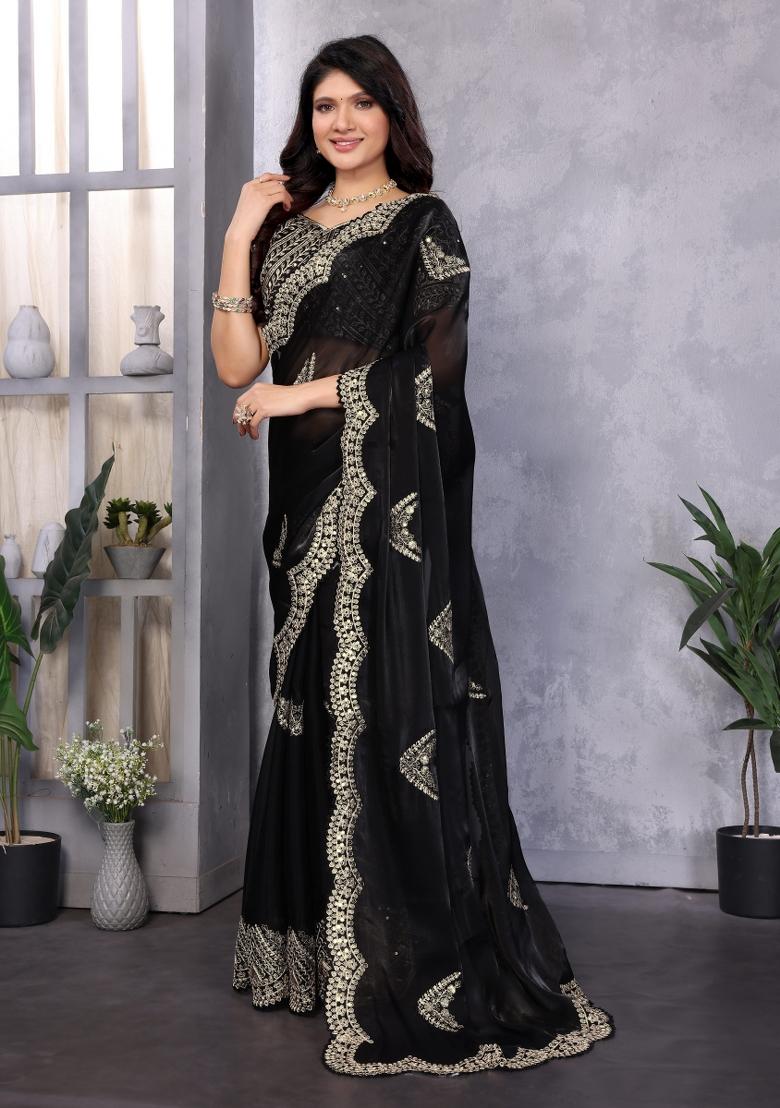 Black Embroidered Chiffon Saree Set - Indya