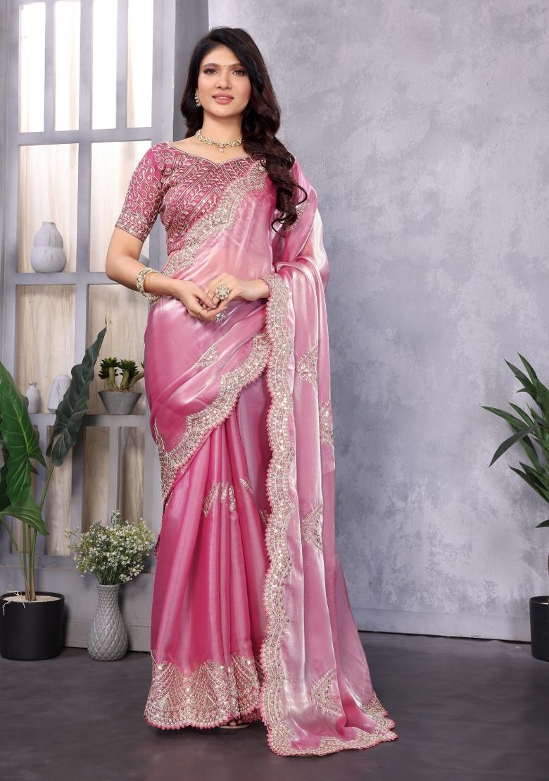 Baby Pink Embroidered Chiffon Saree Set - Indya