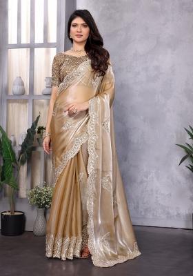 Beige Embroidered Chiffon Saree Set