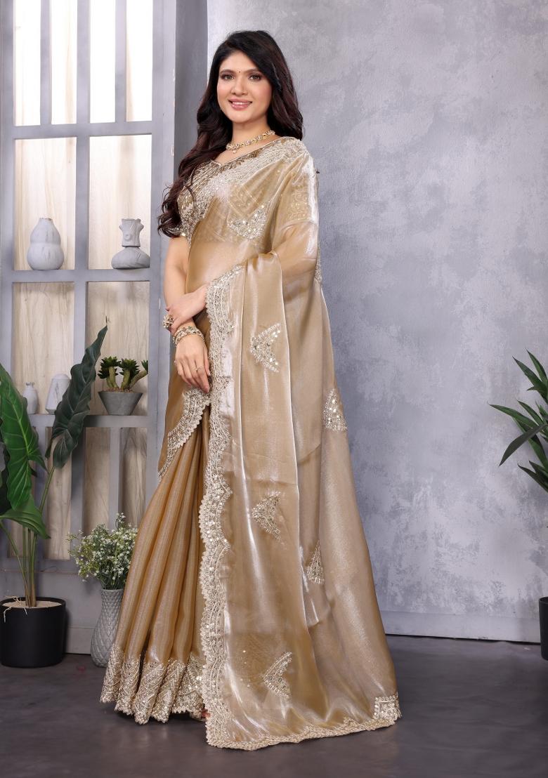 Beige Embroidered Chiffon Saree Set - Indya